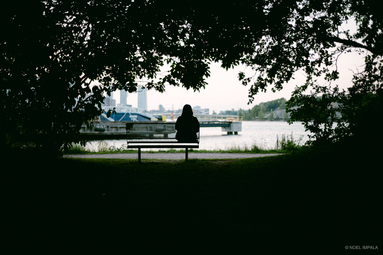 Silhouette on bench by harbour